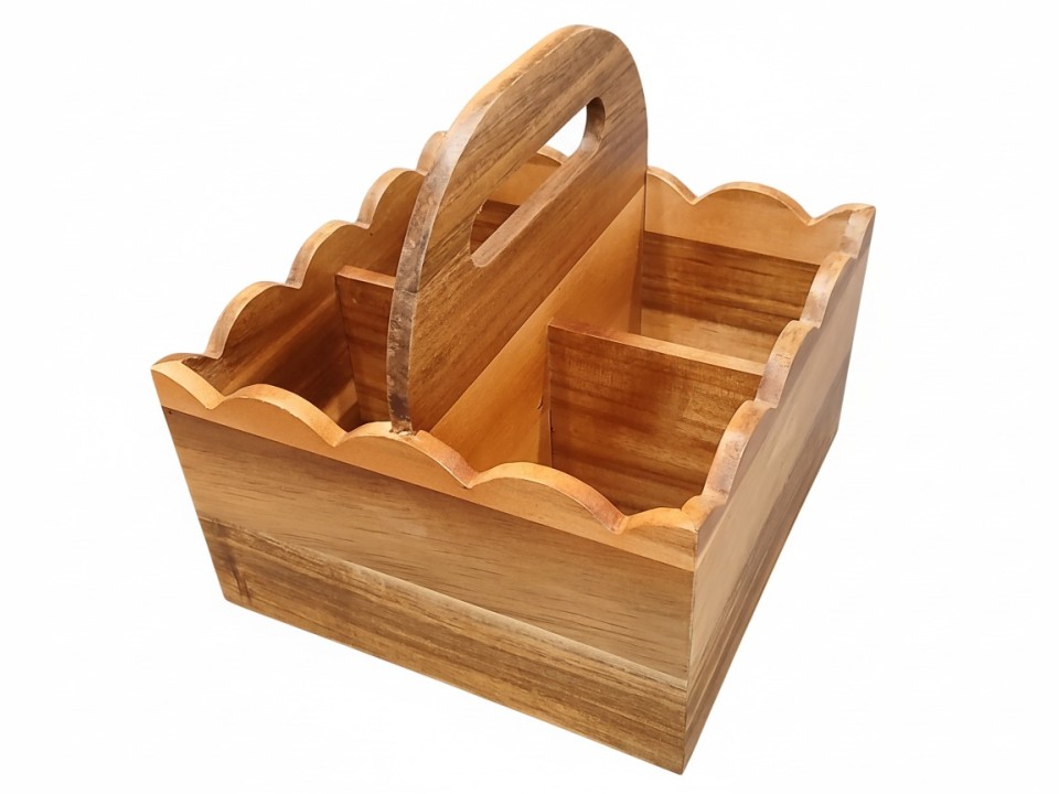 Acacia Wood Scalloped Caddy with Handle - Versatile Tabletop Organizer
